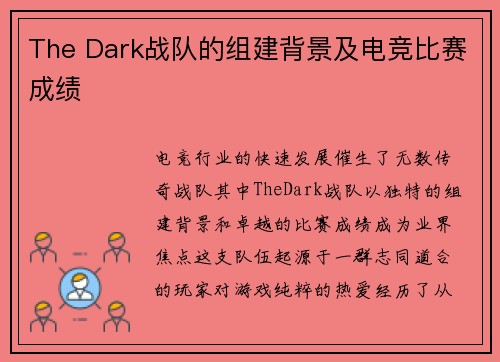 The Dark战队的组建背景及电竞比赛成绩