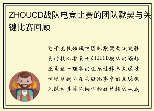ZHOUCD战队电竞比赛的团队默契与关键比赛回顾