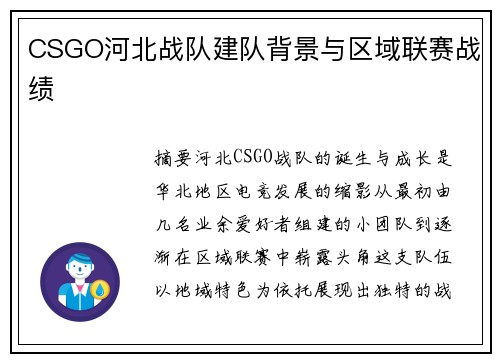 CSGO河北战队建队背景与区域联赛战绩